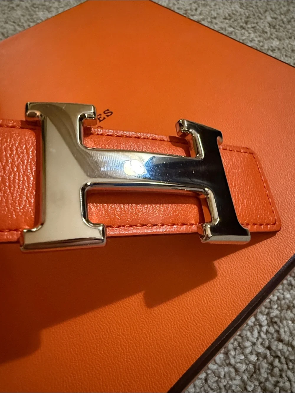Hermes Orange Reversible Leather Belt with Silver H Buckle COA and box